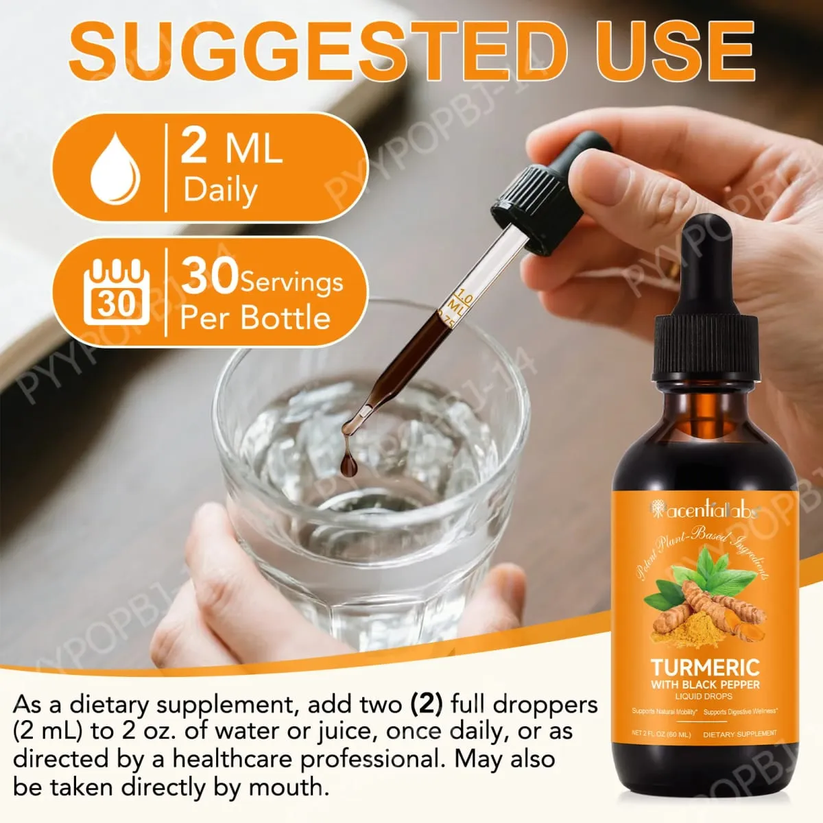 Acentialabs Cúrcuma com Gotas Líquidas de Pimenta Preta para Resposta Inflamatória Natural Suporte 1340 Mg Extrato de Cúrcuma 60 ML