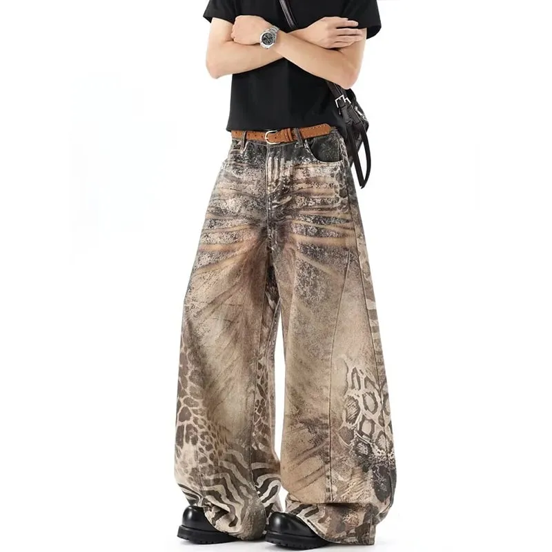 Lavado marrom angustiado leopardo impresso solto jeans masculino streetwear casual perna larga denim calças compridas verão novo