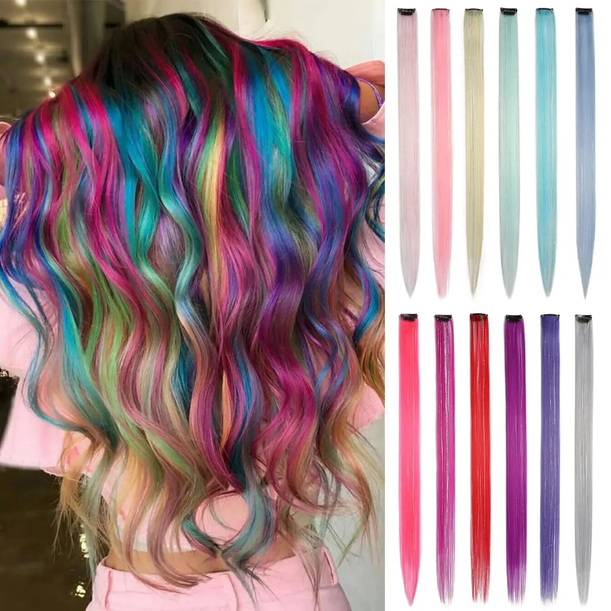 6 unidades/pacote colorido festa destaques clipe em extensões de cabelo 22 polegadas multi-cores cabelo liso sintético postiços — image 2