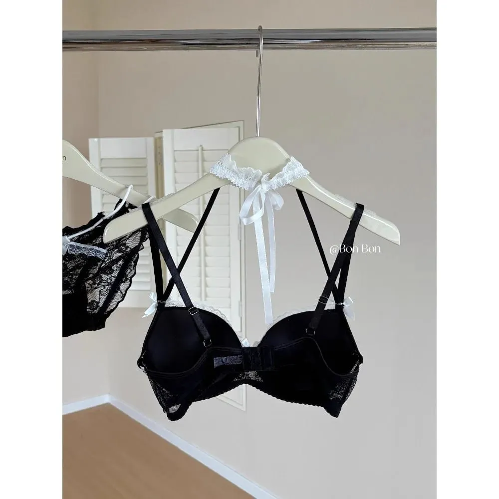 Conjunto de sutiã de renda romântico francês halter pescoço feminino push up suporte macio elástico lingerie roupa interior pequeno busto セクシーな S-XL