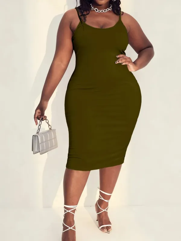 Liso sólido decote redondo silhueta de comprimento médio ampla gama de cores plus size malha alça espaguete vestido maxi amigo da pele conforto moderno moda casual para todas as estações vestido diário sem mangas para mulheres curvilíneas