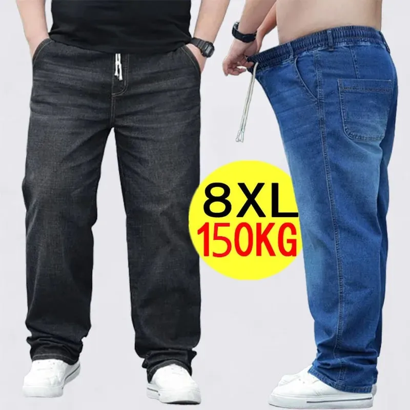8xl jeans de grandes dimensões para homens cintura elástica solto ajuste confortável calças jeans plus size 150kg casual streetwear novo
