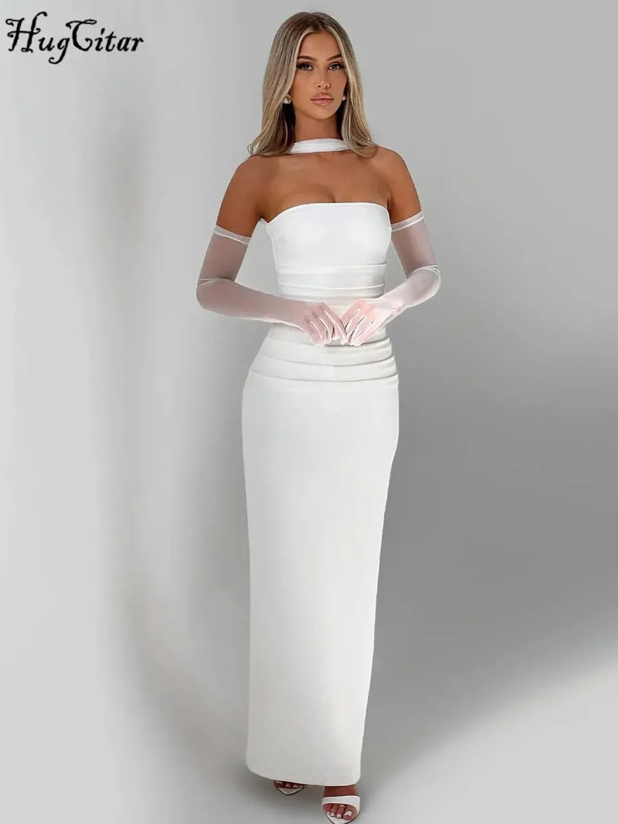 Hugcitar elegante cachecol sem alças luvas de malha sólida sexy bodycon maxi vestido de baile feminino moda y2k roupas festa de casamento aniversário