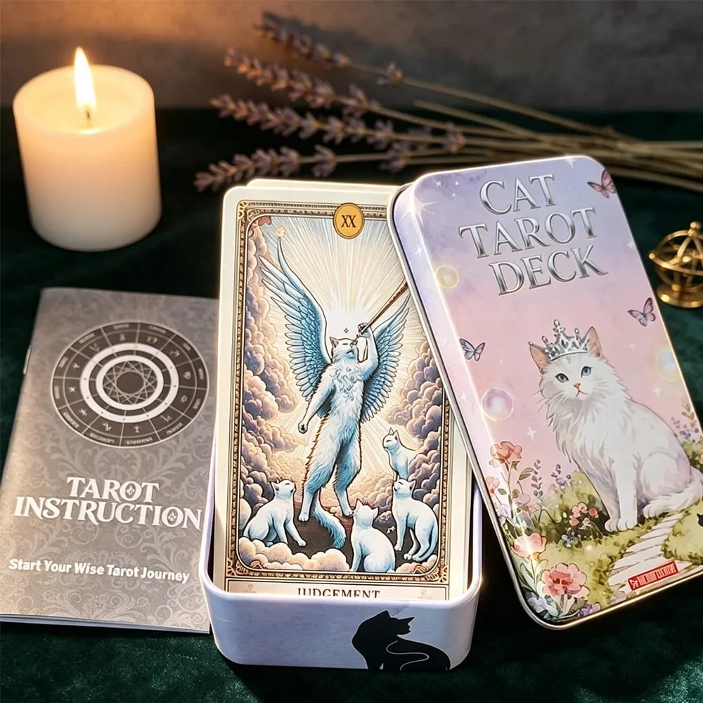 78 cartas com guia de tarô de gato, baralho de tarô com tema de gato branco fofo, cartas de adivinhação em caixa de lata portátil 11 * 6,2 cm