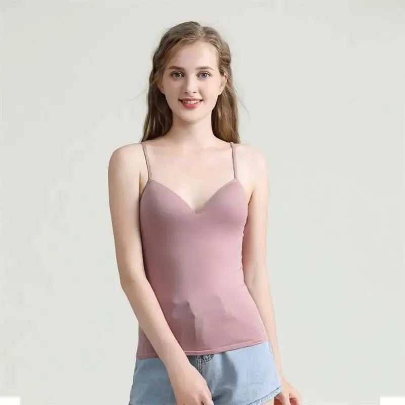 Novo sutiã acolchoado ajustável regata feminina modal espaguete sólido cami top colete feminino camisola com sutiã embutido roupas de fitness