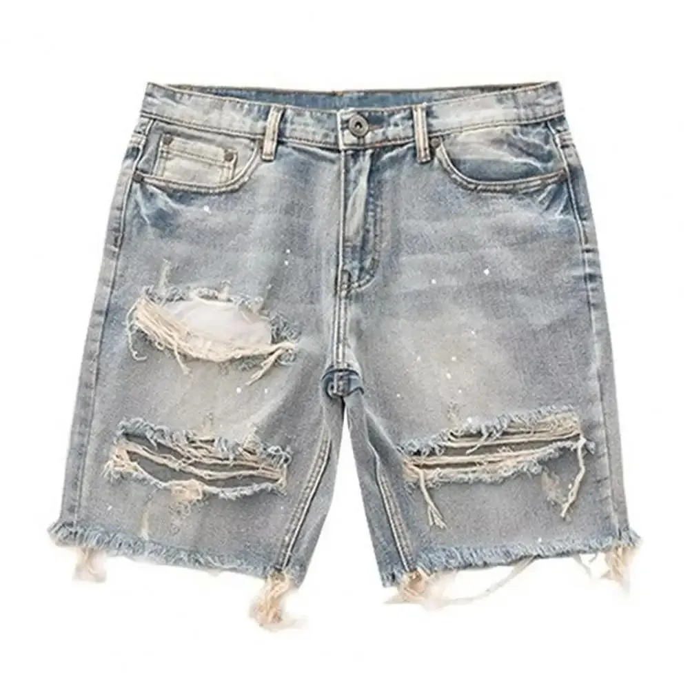 Homens verão angustiado denim shorts botão zíper voar multi bolsos jeans curtos ajuste reto rasgado buracos na altura do joelho angustiado