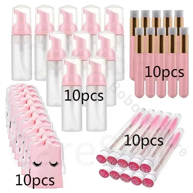 40pcs Empty Lash Shampoo Bottles and Brushes Set Foam Pump Dispenser and Nose Pore Deep Cleaning Brush Eyelash Extension Tube