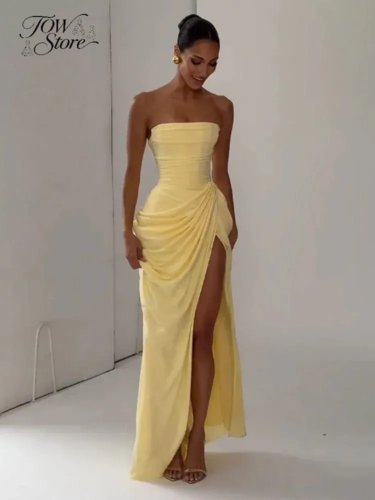 Mulheres sexy sólido plissado vestido sem alças senhora chique fora do ombro sem costas cintura alta vestidos divididos 2026 verão vestido de festa à noite — image 2