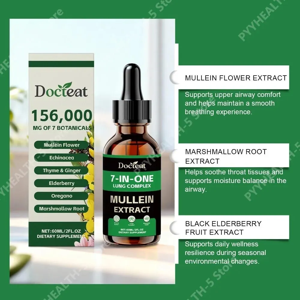 Docteat 7 em 1 Complexo Pulmonar Gotas 60 Ml Conta-gotas Líquido 1 Ml Servindo com Verbasco Sabugueiro Marshmallow Suporte para Conforto das Vias Aéreas