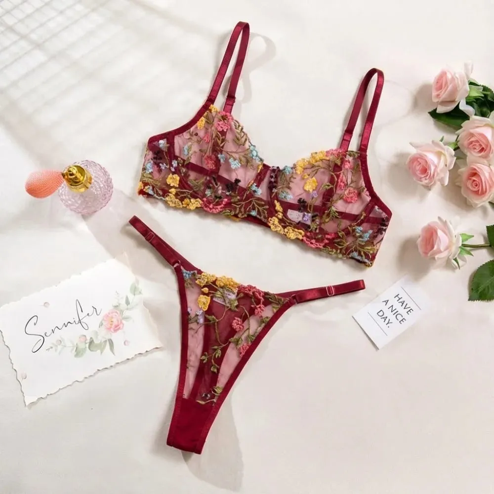Conjunto de lingerie floral de 2 peças, roupa íntima transparente e versátil, íntima, bordado, sutiã push-up, conjunto de calcinha para mulheres e meninas — image 7