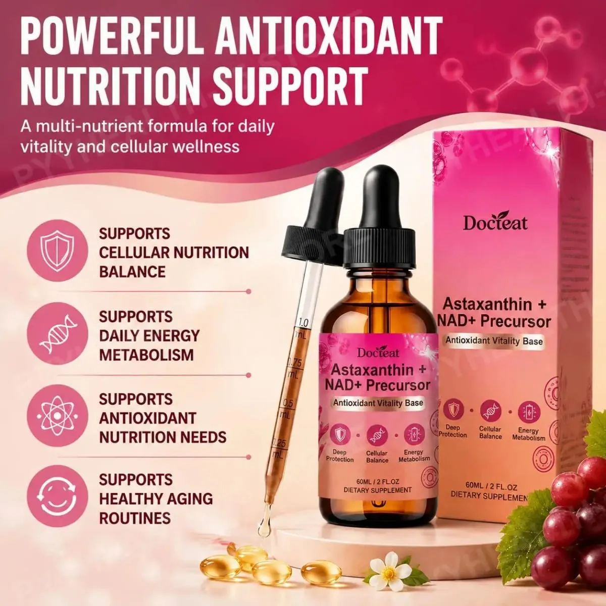 Docteat 蝦紅素+ NAD+ 前驅液可支持細胞營養和能量代謝抗氧化活力基礎 60 毫升
