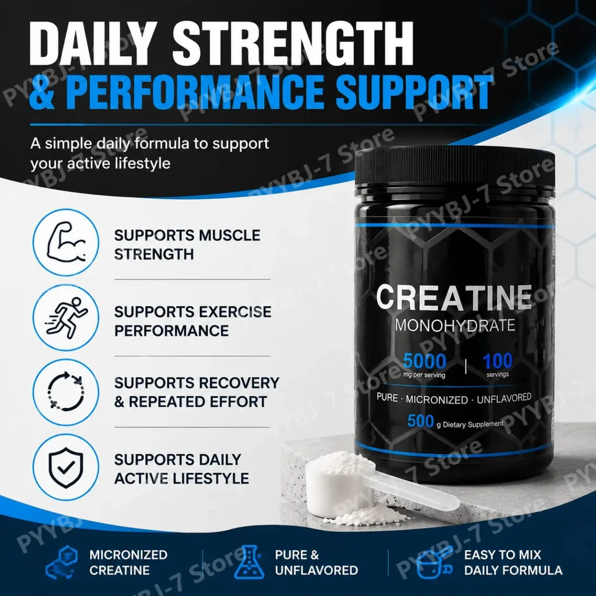 Pure Micronized Creatine Monohydrate Powder 5000mg Per Serving Sports Exercise Performance Support Supplement 100 Servings