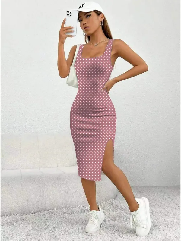 Vestido feminino casual elegante com alça grossa, gola quadrada, sem mangas, estampa de bolinhas, saia de comprimento médio