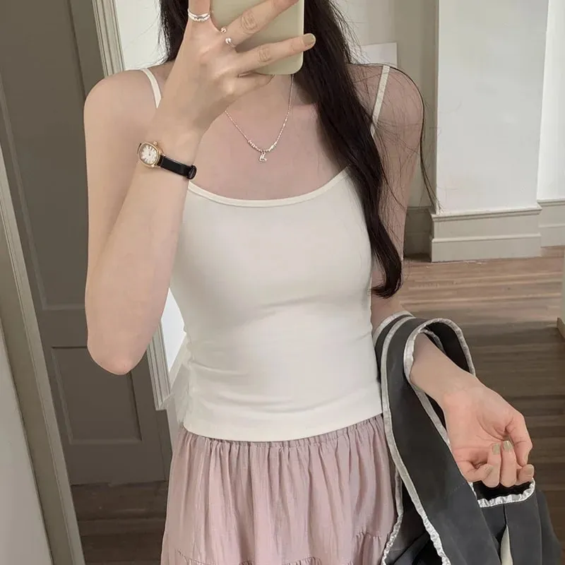Camisola fina sem mangas com alças de cor sólida feminina com almofada no peito confortável, top diário para viagem dentro do colete de algodão esportivo