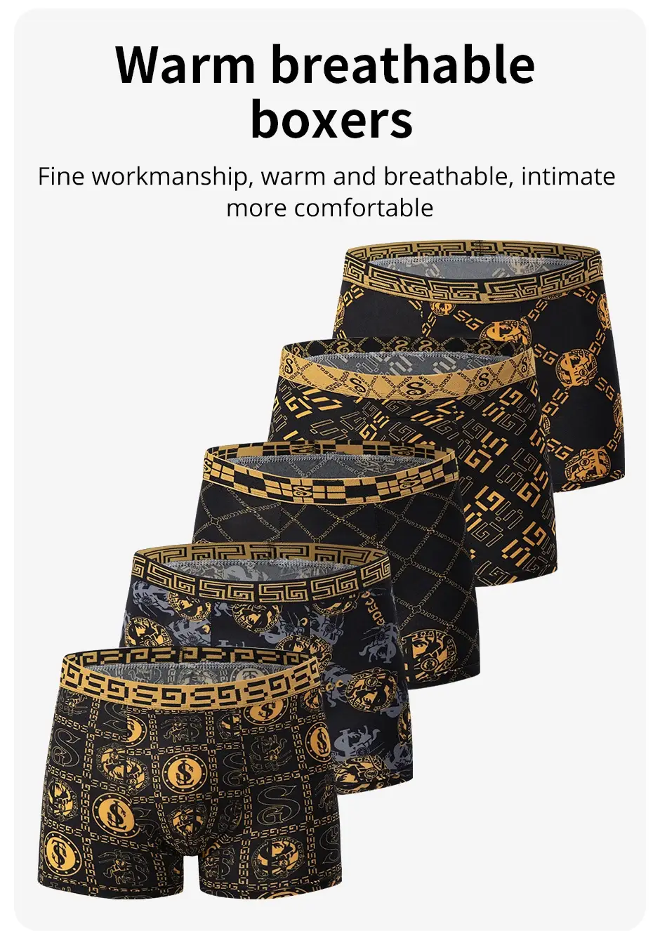 5-piece Set Of Black Gold Printed Men's Underwear Quick Drying Breathable Comfortable Elastic Casual Fashionable And Trendy