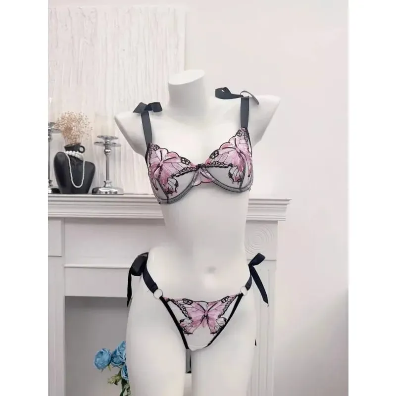 Reggente Pizzo Francese Farfalla Rete Trasparente Spalline Elastiche Senza Spugna Set Intimo S-XL Nuovo Morbido