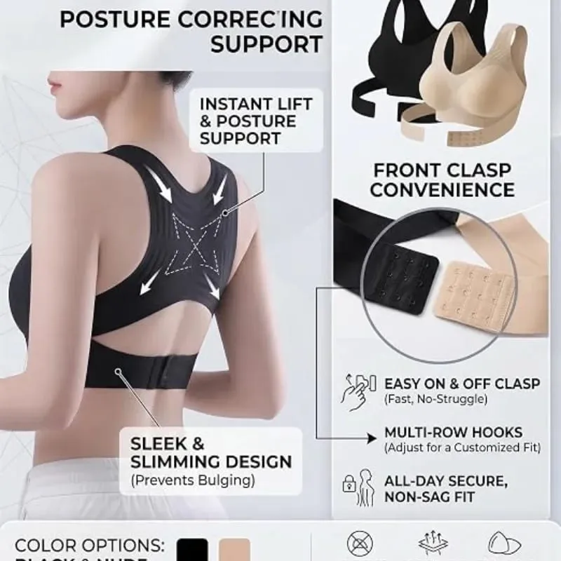 Sutiã de suporte de postura feminino fechamento frontal cruz de volta sutiãs de postura sem fio suporte de cobertura completa push up bralettes suporte de postura