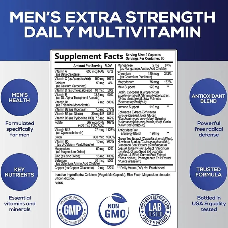 Men's Multivitamin Supplement - Supports Men's Multivitamin with Vitamins A C D E & B12 Zinc Calcium Magnesium and More