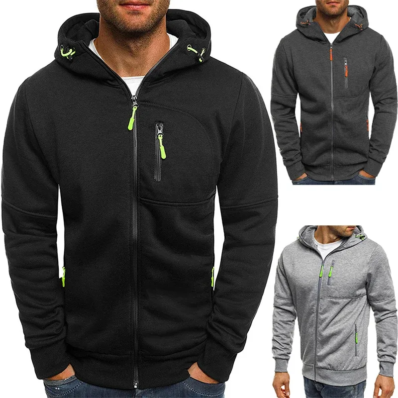 เสื้อกันหนาวผู้ชายเสื้อสเวตเตอร์ถัก Hooded Jacket กระเป๋าซิป Jacquard เสื้อแจ็คเก็ตกีฬาฟิตเนสกลางแจ้งวิ่งกีฬาสีทึบ — image 3