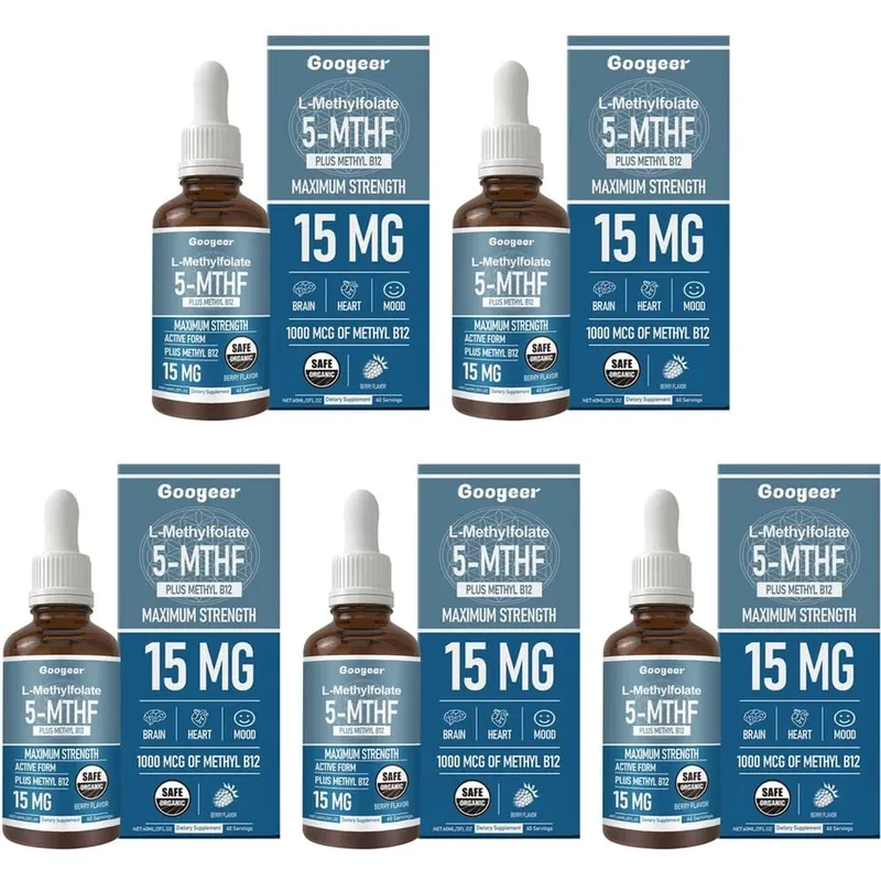 Googeer L-Metilfolato 5-MTHF Gotas Líquidas com Metil B12 15mg 1000mcg Força Máxima Coração Cérebro Humor Suporte 60ml