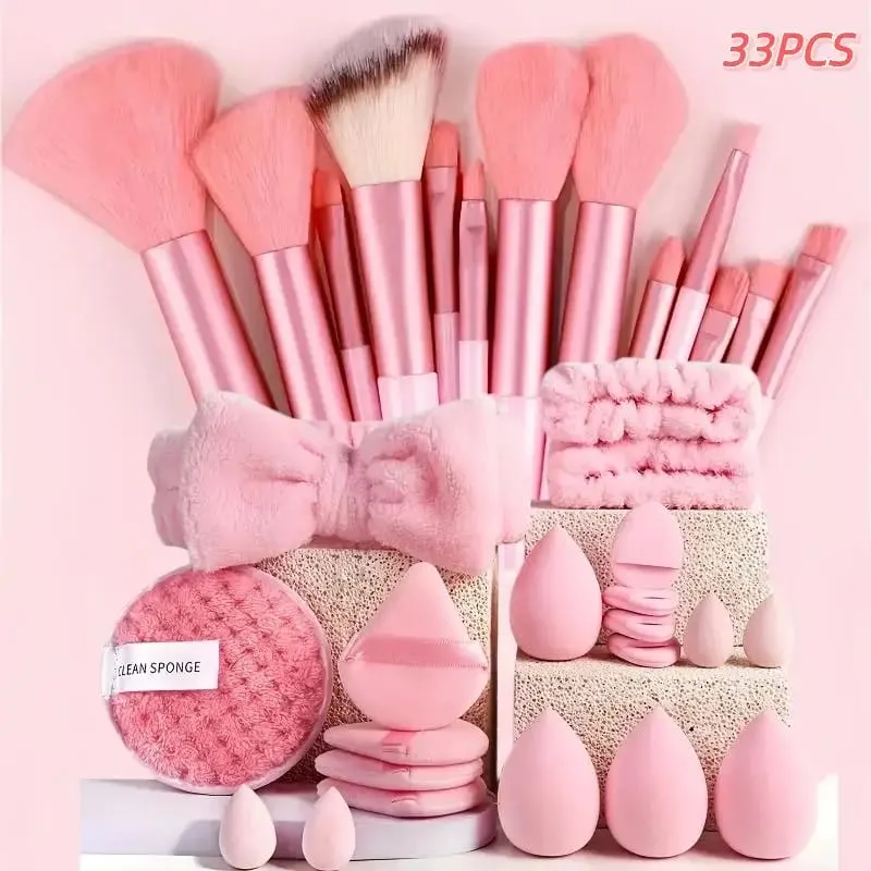 20 33 unidades conjunto completo de ferramentas de maquiagem com esponja de beleza pincel puff para aplicação e remoção de maquiagem uso diário