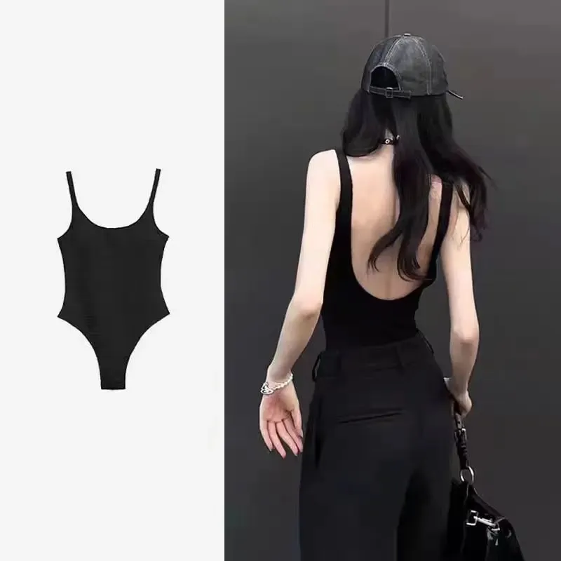 黑色吊帶連身衣性感露背羅紋連身衣連衣繩女性感無袖背心手套連身衣身體女