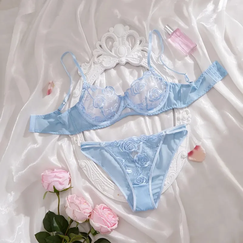 Luz azul floral rosa bordado malha lingerie conjunto underwire sutiã tanga feminino roupa interior exótica sexy íntimos sleepwears