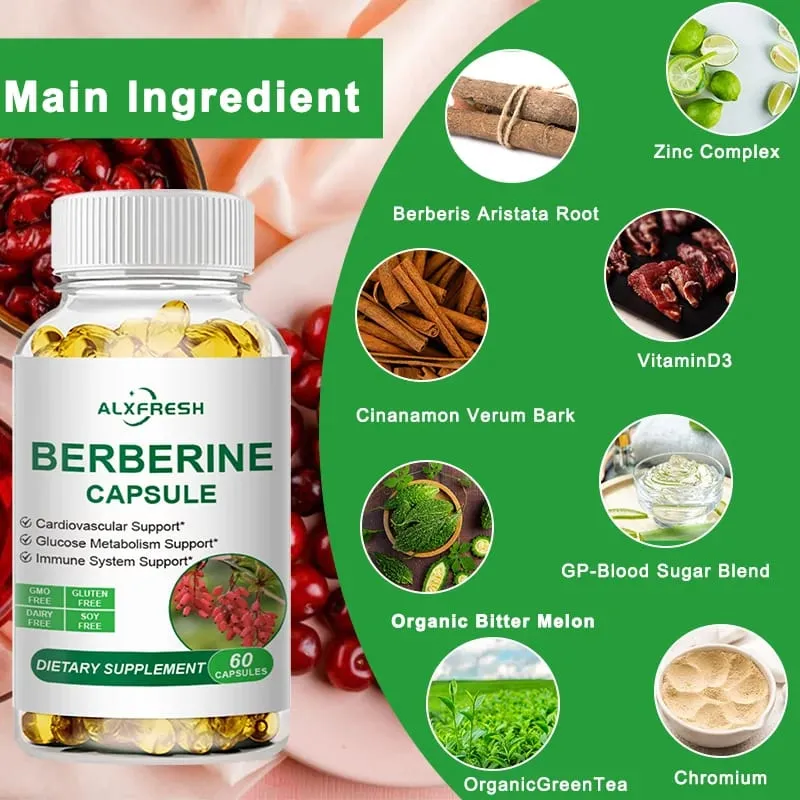 Cápsulas de berberina apoiam inflamação oral infecção intestinal açúcar no sangue regulação lipídica cardiovascular e antioxidante