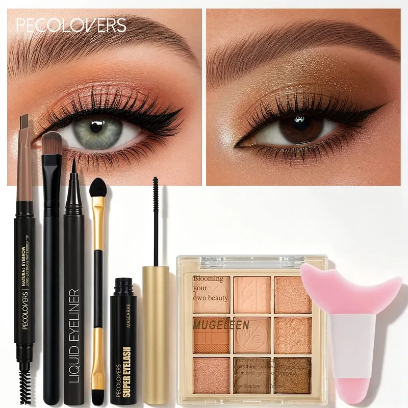 7PCS Eye Set Eyeshadow Palette + Eyeliner + Mascara + Double-ended Eyebrow Pencil Matching Makeup Tools Eye Highlighter