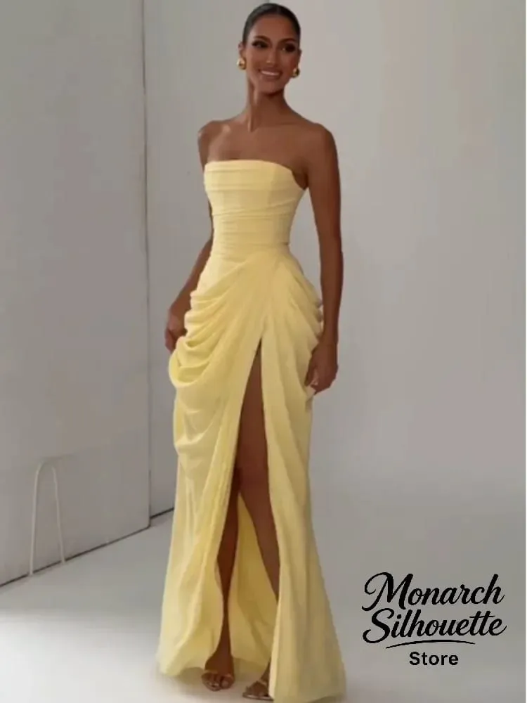 Elegante amarelo sem alças plissado vestido longo feminino chique sólido sem mangas cintura cinching split vestido 2026 senhora festa de noite robes