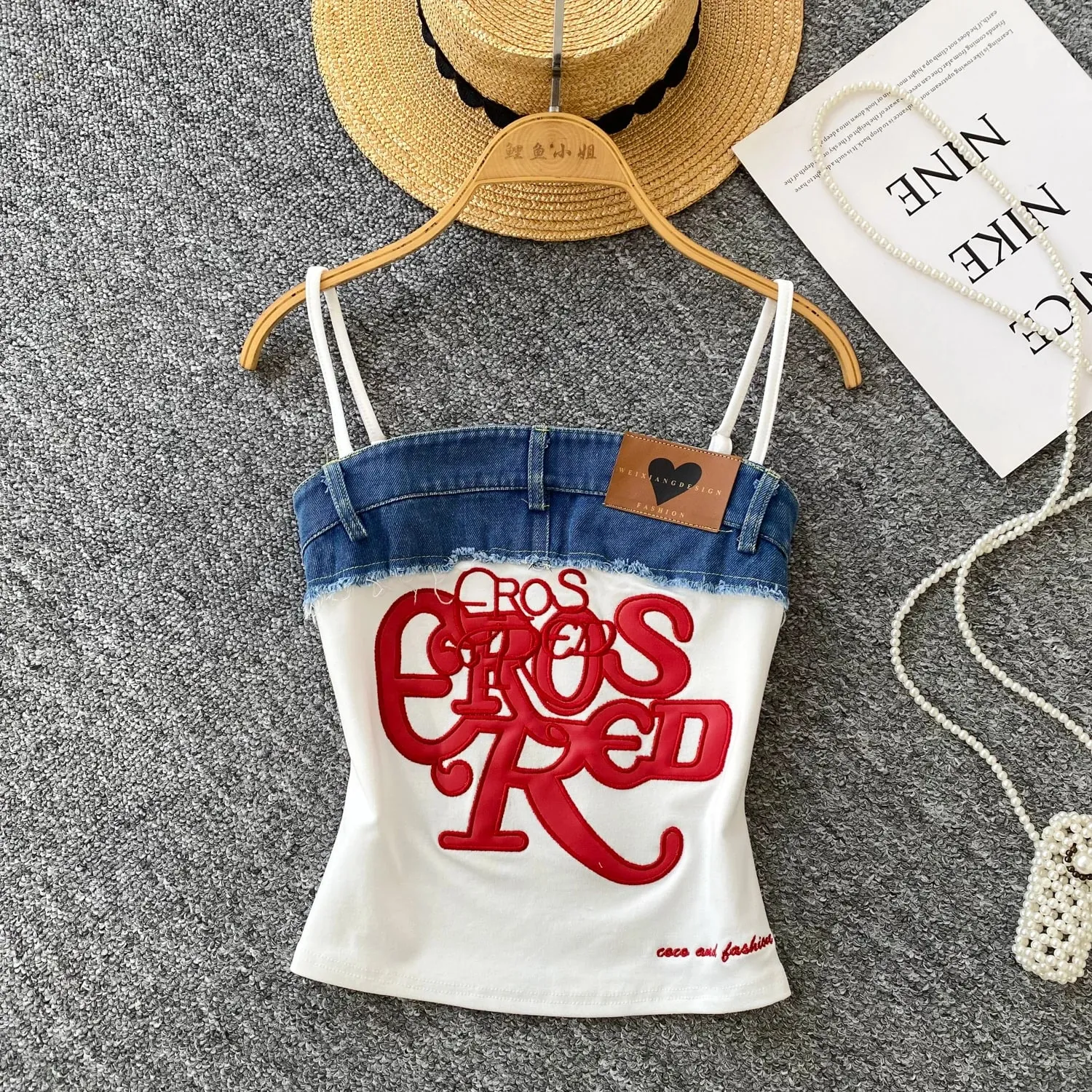 Americano retro y2k cinta topos carta bordado denim retalhos design de moda feminina hotsweet streetwear magro topo de colheita — image 8