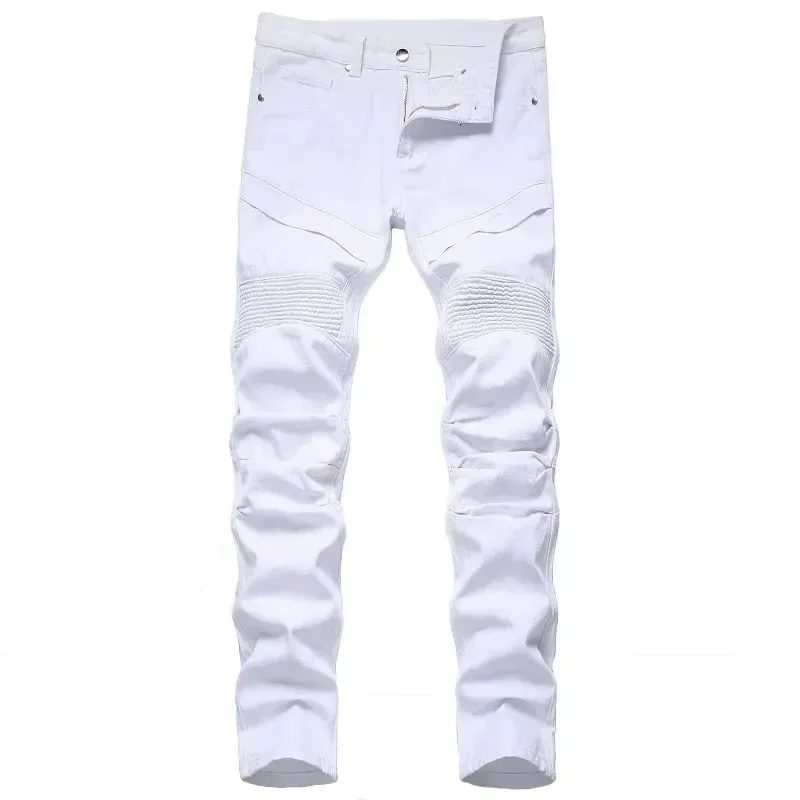 New Men's Slim Jeans White Motorcycle Trendy Casual Patchwork Denim Trousers Fashion Tight Folding Male Pants (without Belt)