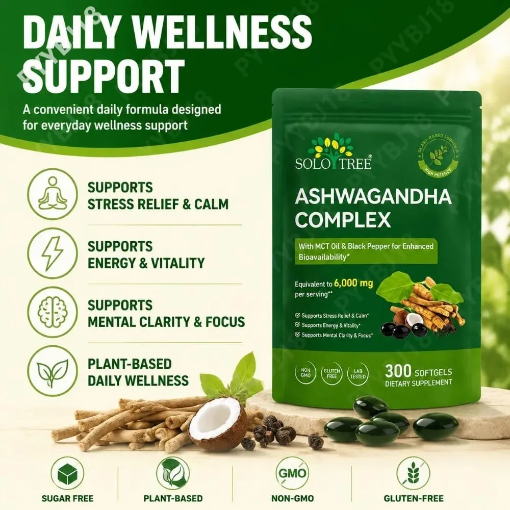 Solo Tree Ashwagandha Complex Softgels Suporta Alívio do Estresse Calma Clareza Mental Foco com Óleo MCT e Pimenta Preta 300 Softgels