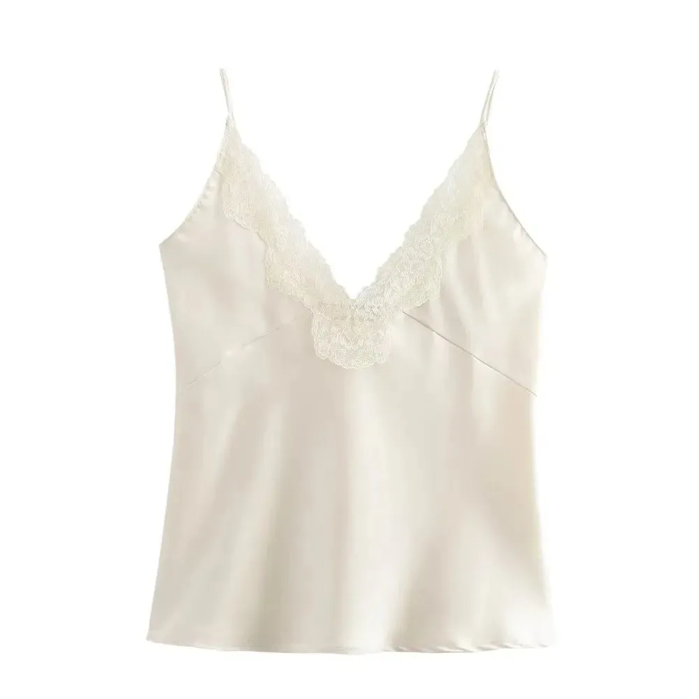 Casual cor sólida rendas retalhos tanques cinta espaguete respirável cetim camisola sem mangas com decote em v topos roupa de festa