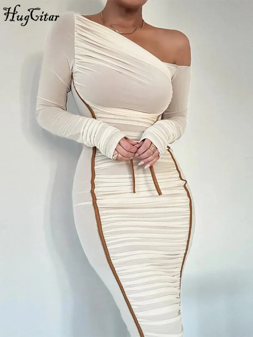 Hugcitar malha sólida gola diagonal manga longa drapeado sexy ver através bodycon maxi vestido verão moda roupas festival clube