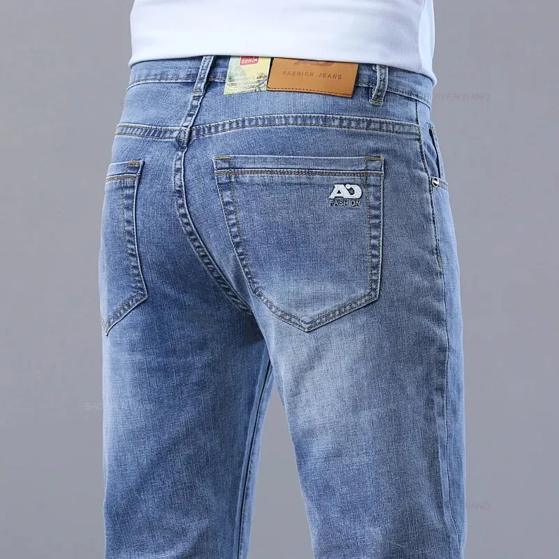 Primavera masculina luz azul magro jeans elegante casual estiramento tecido denim calças clássicas fumaça cinza