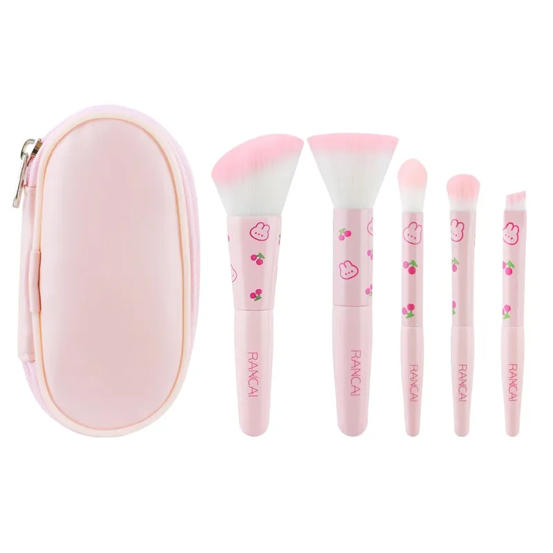 5Pcs Cute Compact Makeup Brush Set With Case Premium Brush for Flawless Foundation Blush Eyeshadow Application Beauty Tools