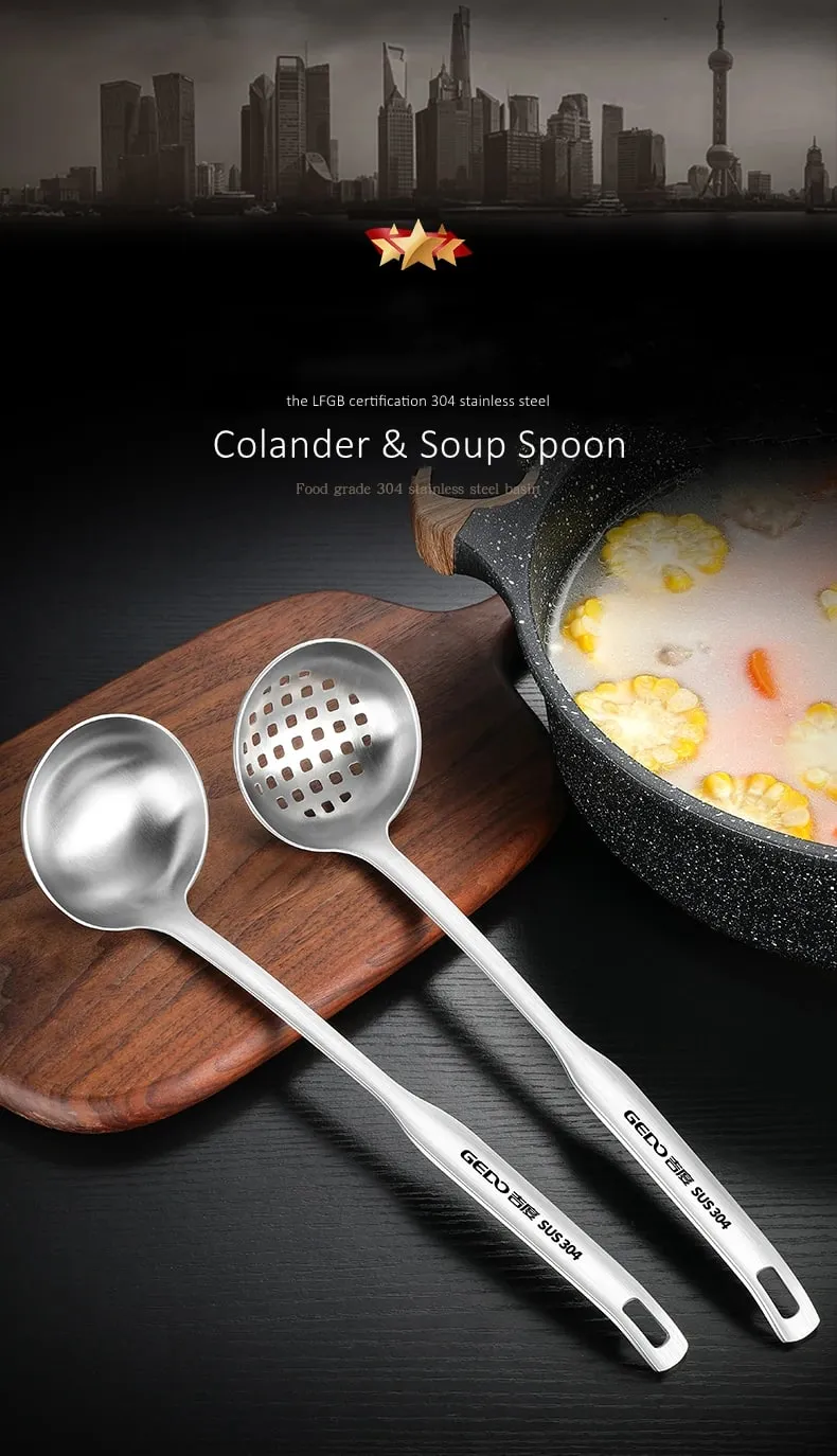 Certificação LFGB Coador e colher de sopa de aço inoxidável 304 puro 30,5 cm de comprimento Conjunto de concha e filtro resistente a quedas