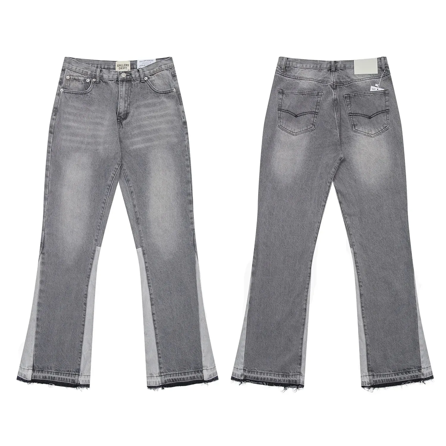 Calça jeans boca de sino lavada e gasta com patchwork