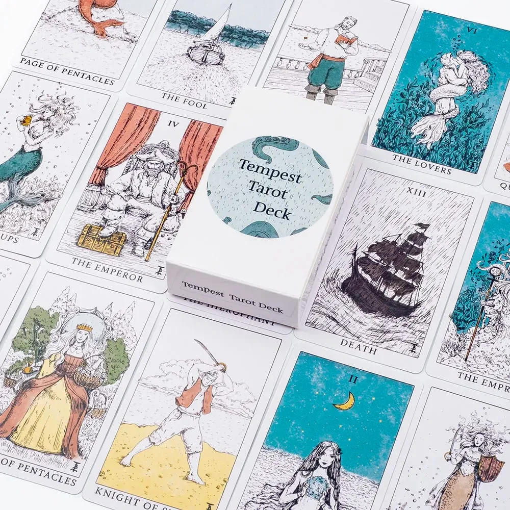 Baralho de tarô Tempest com tema oceano, conjunto de 78 cartas de adivinhação, 10,4 * 6,1 cm, lindamente projetado para jogos de tabuleiro e leitura de tarô