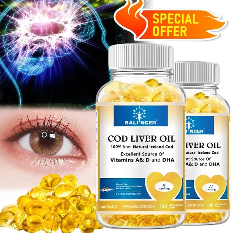 Cápsulas de óleo de fígado de bacalhau ricas em vitamina A D e DHA ajudam a manter a pele saudável, cérebro e ossos fortes e melhoram a memória