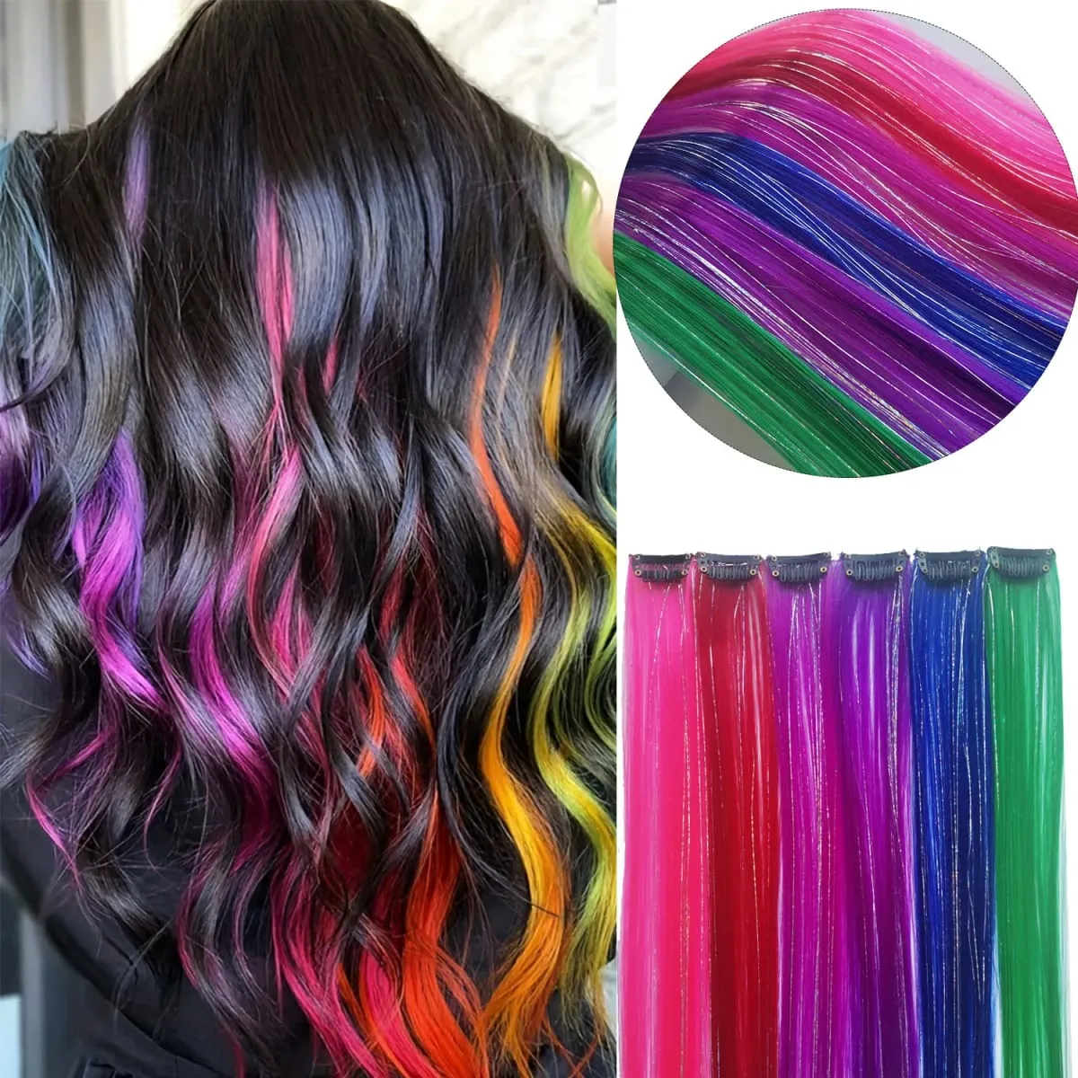 6 unidades/pacote colorido festa destaques clipe em extensões de cabelo 22 polegadas multi-cores cabelo liso sintético postiços — image 40