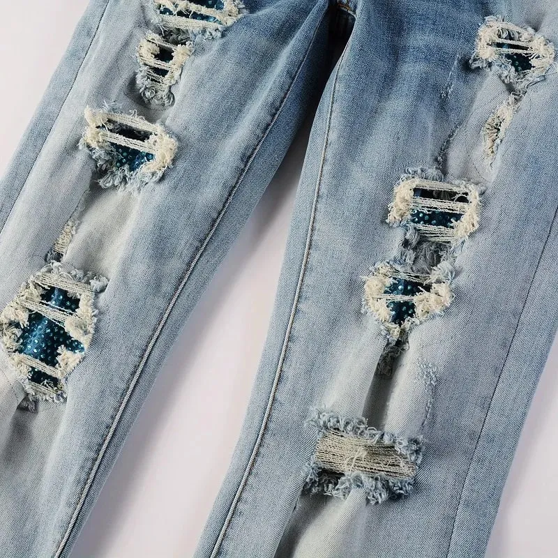 Homens de cristal remendo jeans jeans streetwear azul retalhos calças estiramento rasgado angustiado magro cônico calças