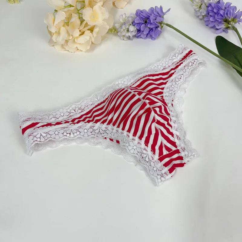 Homens rendas guarnição listrado g-string roupa interior meia coberta bunda baixa cintura calcinha tanga metade quadril cuecas masculinas sexy roupa interior