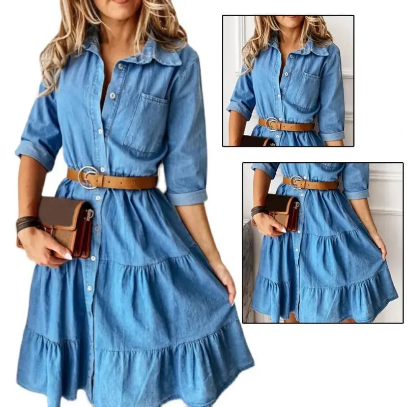 Vestido jeans manga três quartos com cinto gola virada para baixo primavera outono botões babados vestidos jeans para mulheres 2025
