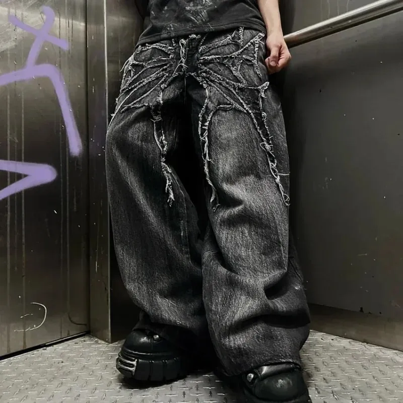 Vintage y2k calças de brim baggy emenda bordado padrão jeans de alta qualidade hip hop gótico streetwear masculino feminino casual calças de perna larga