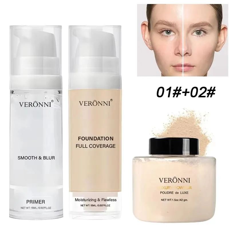 Kit de maquiagem facial para iniciantes, 3 peças, base fosca, primer hidratante, controle de óleo, pó solto, cobertura completa, corretivo facial