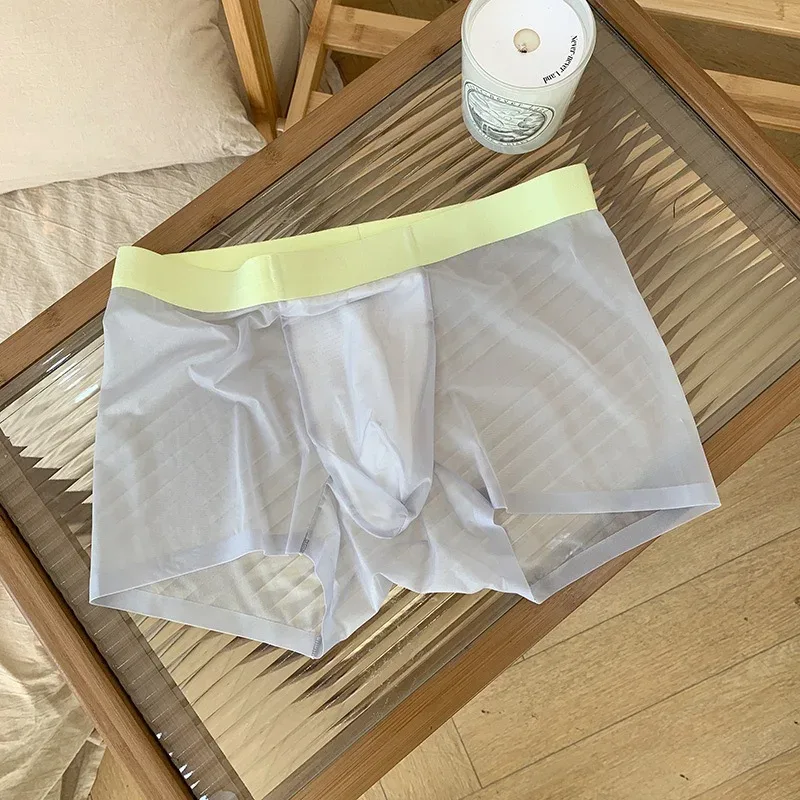 20d ultra-fino boxers planos shorts de secagem rápida roupa interior masculina transparente gelo seda u bolsa calcinha sem costura cintura média