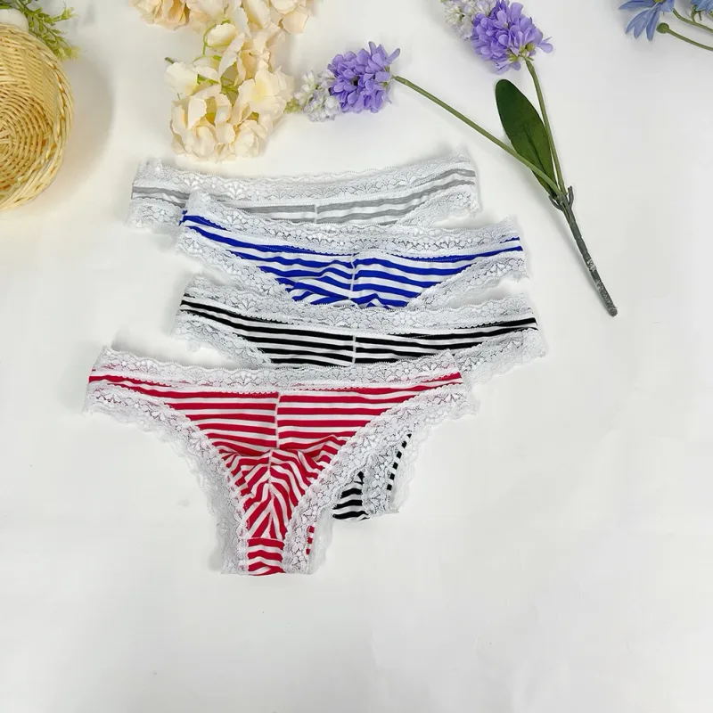 Homens rendas guarnição listrado g-string roupa interior meia coberta bunda baixa cintura respirável sexy u bulge bolsa confortável tong — image 4