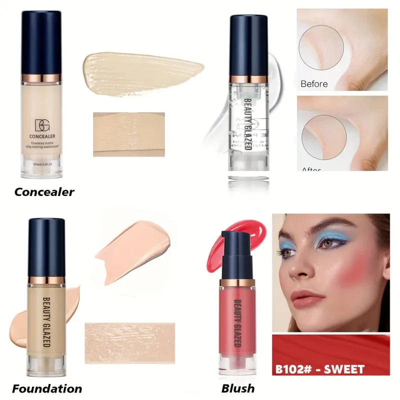 Conjunto de 4 peças de primer + corretivo + base líquida + blush líquido fosco veludo à prova d'água base blush maquiagem para viagens